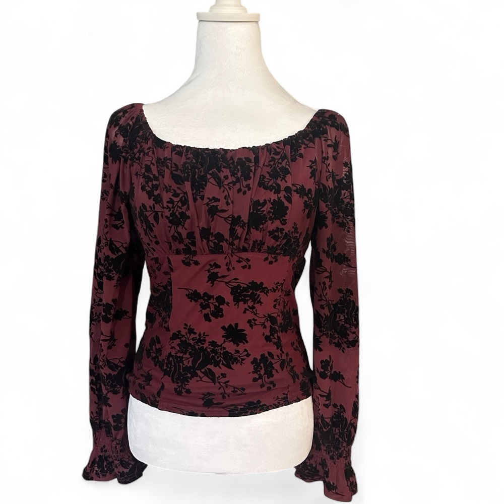 Ember Red W Black Flowers Smocked Round Neck Long Sleeve Peplum Blouse L NWT